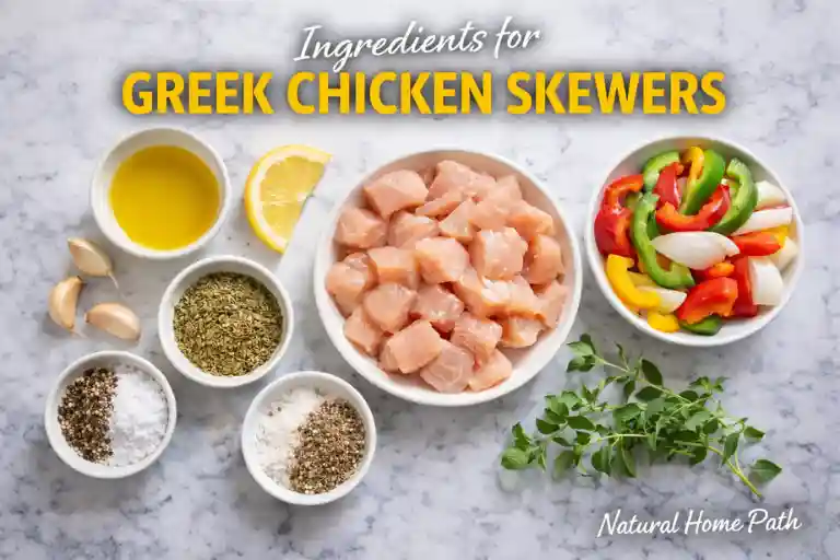 Ingredients for Greek Chicken Skewers” and include